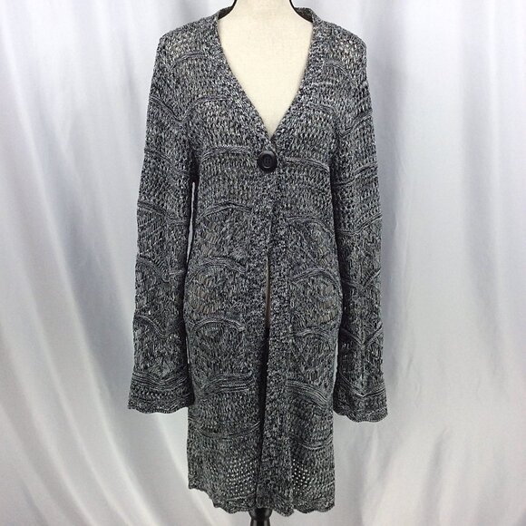 Chicos 2 Duster Cardigan Sweater Womens Size Large 12 Black Long Open Crochet - Picture 1 of 9